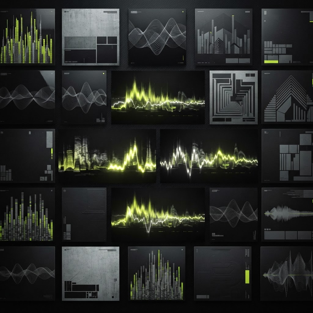 Visuelles Identitätssystem aus Spektrogramm-Formen, Covern und Motion-Frames